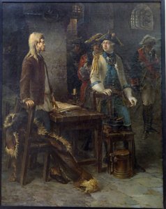 "Le tsar Pierre III rend visite a Ivan VI (1740-1764) enferme dans la forteresse de Chlisselbourg (Schlusselbourg) en 1762 (1728-1762)" Imperador Pedro III visitando Ivan VI Antonovich na Fortaleza de Shlisselburg em 1762 - Peinture de Fyodor Yemelyanovich de Fyodor Jemelyanovich Burov