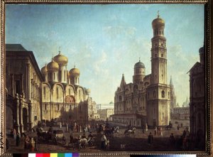 A praça da catedral no Kremlin de Moscou. Pintura de Fyodor Yakovlevich Alexeev (1753-1824). Óleo sobre tela, 81,5 x 112 cm. classicismo artístico russo. Galeria Estatal Tretyakov, Moscou.