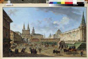 Moscou, vista do Portão da Ressurreição na Praça Vermelha. Pintura de Fyodor Yakovlevich Alexeev (1753-1824). Aquarela e guache sobre papel, 58,2 x 91,2 cm, por volta de 1801. Arte russa, classicismo. Museu de