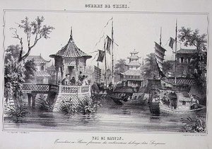 Vista de Cantão, mostrando marinheiros em suas sampanas, de "A Guerra na China". de G.C. de Fortavion