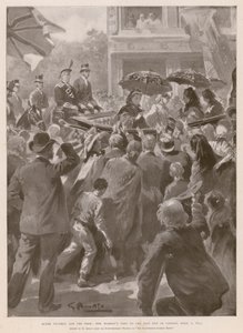 Rainha Vitória e os pobres: a Rainha visitando o East End de Londres, 2 de Abril de 1873 (fotogravura) de G.S. (after) Amato