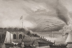 O assalto de San Sebastian, 31 de agosto de 1813, ilustração de "Batalhas da Inglaterra por mar e terra" por Tenente. Coronel Williams (gravura)