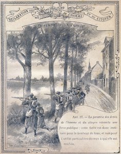 1789: Declaração dos direitos do homem e do cidadão : Defense de la patrie . Gravura em "Le livre unique de morale et d