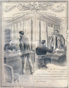 1789: Declaração dos Direitos do Homem e do Cidadão : O direito de propriedade . Gravura em "Le livre unique de morale et d