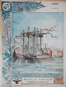 Capa do livro de exercícios escolares ilustrando a Batalha de Áctio, 2 de Setembro 31 AC, c.1900 (cor litho)