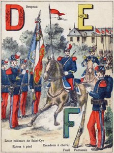 Cartas D E F: Bandeira, Escola Militar de Saint-Cyr (Saint Cyr), Eleves on foot, Esquadrão de Cavalos, Rifle e Fantassin, c.1900 (litografia)