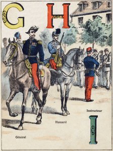 Cartas G H I: General, Hussard e Instrutor. Gravura em "Alfabeto militante" , série Grand-Bebe. Gravura. Imagem de Pont-a-Mousson. Louis Vagne, impressora-editor, cerca de 1900. Ilustrações de G. Dascher. 20 páginas. Dimensões: 31,5x24,5cm. de G. Dascher