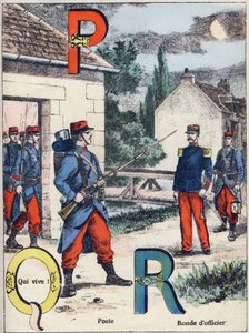 Cartas P Q e R: Post, Qui vive! e Ronda dos Oficiais. Gravura em "Alphabet militaire" , série Grand-Bebe. Gravura. Imagem de Pont-a-Mousson. Louis Vagne, impressora-editor, cerca de 1900. Ilustrações de G. Dascher. 20 páginas. Dimensões: 31,5x24,5cm.
