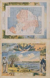 Mapa de posses francesas e esferas de influência na África e uma vista do rio Senegal, capa de um livro de exercícios da escola, final do século XIX (gravura a cores)