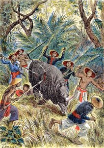 Caça ao rinoceronte, Indochina Francesa, c.1900 (ilustração)
