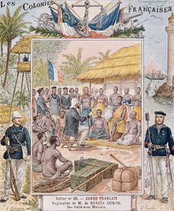 A exploração de M. de Brazza (1875-79) Seu Tratado com Makoko, ilustração de &39;Les Colonies Francaises&39;