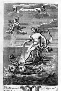 Vênus montando sua carruagem desenhada por golfinhos, ilustração do Livro 1 Parte 6 Capítulo 11 de "Os Princípios da Filosofia" de Anthony Le Grand, gravado por Michiel van der Gucht (1660-1725)