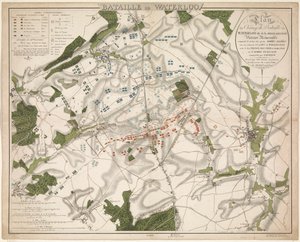 Kaart van de Slag bij Waterloo, 1815
Batalha de Waterloo / Plano do Campo de Batalha de Waterloo conhecido como a Belle-Alliance. Vitória memorável obtida em 18 de Junho de 1815 pelos Exércitos Aliados (...) (título sobre o objecto) de G. Jacowick