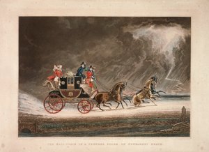 A carruagem do correio em uma tempestade em Newmarket Heath, Suffolk, 1827. de G Reeves
