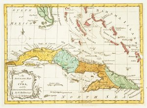 Um mapa preciso de Cuba e das ilhas adjacentes, pub c. 1762 de G Rollos