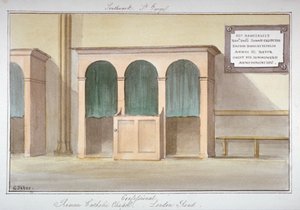O confessionário na Capela Católica Romana na London Road, Southwark, Londres, 1825