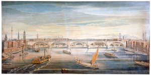 Vista da nova London Bridge a oeste, com barcos e barcaças no Tâmisa, 1831.