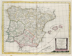 Espanha Antiga dividida em três áreas distintas, nomeadamente Terraconensis, Lusitânia e Baetica e também dividida em povos, gravura de G. Zuliani tirada de Tome I do "Atlas Mais Novo" publicado em Veneza em 1785 por Antonio Zatta, Colecção Privada