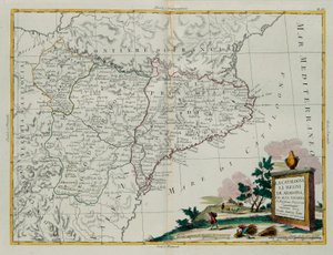 Catalunha, os Reinos de Aragão e Alta Navarra, gravura de G. Zuliani, tirada de Tome I do Atlas mais Novo, publicada em Veneza em 1775 por Antonio Zatta, Coleção Particular