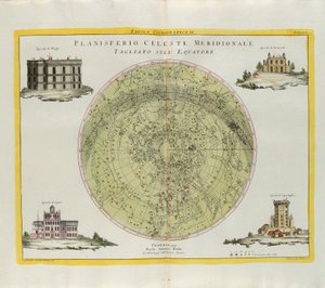 Placa cosmográfica do Planisfério Celeste do Sul cortada no equador, gravada por G. Zuliani tirada de Tomé I do Atlas mais Novo publicada em Veneza em 1777 por Antonio Zatta de G. Zuliani
