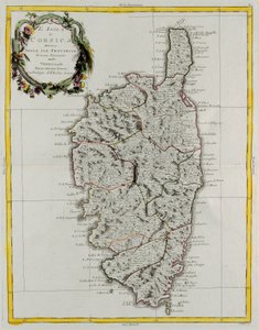 Ilha da Córsega dividida em suas províncias, gravura de G. Zuliani tirada de Tome II do "Atlas Mais Novo" publicado em Veneza em 1782 por Antonio Zatta, Coleção Particular de G. Zuliani
