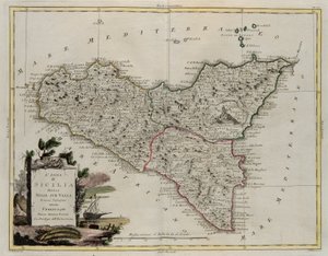 Ilha da Sicília, dividida em seus vales, gravada por G. Zuliani, tirada de Tomo II do Novo Atlas, publicada em Veneza em 1782 por Antonio Zatta, Coleção Particular
