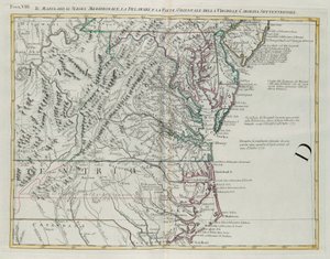 Maryland, sul de Nova Jersey, Delaware e a parte oriental da Virgínia e Carolina do Norte, gravura de G. Zuliani tirada de Tome I do "Atlas Mais Novo" publicado em Veneza em 1778 por Antonio Zatta, Private Collection
