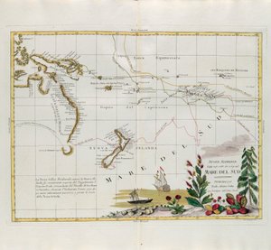 Novas descobertas feitas em 1775, 67 e 69 nos mares do Sul, gravadas por G. Zuliani tiradas de Tomé do Novo Atlas publicado em Veneza em 1776 por Antonio Zatta, Coleção Particular de G. Zuliani