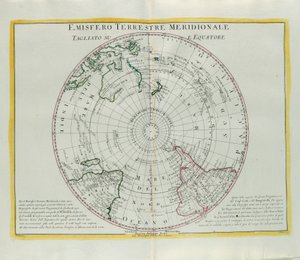 Hemisfério Sul da Terra cortada no equador, gravada por G. Zuliani tirada de Tomé I do Atlas mais Novo publicada em Veneza em 1779 por Antonio Zatta