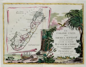 As Ilhas das Bermudas e o frontispício da secção dedicada às Colónias Unidas da América do Norte, gravura de G. Zuliani tirada de Tomé I do "Atlas mais recente" publicado em Veneza em 1778 por Antonio Zatta, Colecção Privada de G. Zuliani