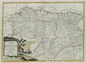 Os Reinos da Galiza, Astúrias, Leão, Castela Vieja com o Concílio de Biscallia, gravura de G. Zuliani tirada de Tomo I do Atlas mais Novo publicada em Veneza em 1776 por Antonio Zatta, Priva de G. Zuliani
