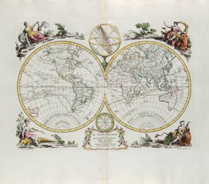 Mapa do mundo e uma descrição geral do globo, gravada por G. Zuliani tirada de Tomé do Novo Atlas publicada em Veneza em 1774 por Antonio Zatta