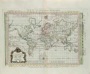 Mapa Mundial e uma descrição geral do globo terrestre, reduzida a uma imagem, gravada por G. Zuliani tirada de Tome I do "Atlas Mais Recente" publicado em Veneza em 1774 por Antonio Zatta