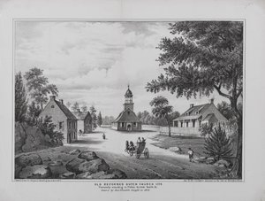 Antiga Igreja Holandesa Reformada em 1776, desenhada pela Miss Elizabeth Sleight em 1808, imprimida por H. McCloskeys Manuel da Cidade de Brooklyn, 1864 de G. after Hayward