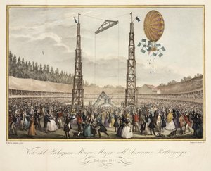 Voo do bolonheso Muzio Muzzi (1809-46) no Airship Retirremiga, 1838 de G. after Meloni