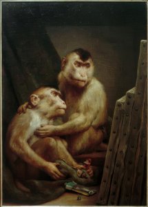 Macacos olham pinturas