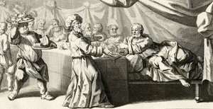 Jesus convidou para jantar com o fariseu, ilustração do Evangelho de São Lucas, capítulo 11:37, 1728 de Gabriel Francois Louis Debrie