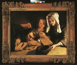 Um interior à luz de velas com figuras ao redor de uma mesa de Gabriel Gresly