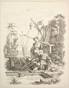 Um homem chinês e uma mulher pescando junto a um viveiro de peixes, século XVIII.