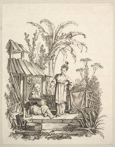Um chinês sentado e uma mulher carregando um peixe, ca. 1742 de Gabriel Huquier