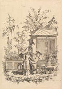 Cena de Chinoiserie com figuras em uma paisagem, século XVIII.