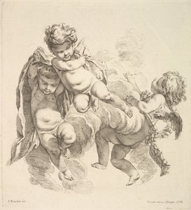 Três crianças entre nuvens carregando uma cortina, 1738-45. de Gabriel Huquier