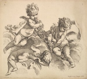Três crianças com um prato de frutas, 1738-45. de Gabriel Huquier