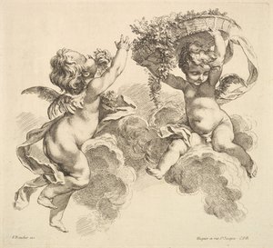 Duas crianças, uma segurando uma cesta com flores, 1738-45.