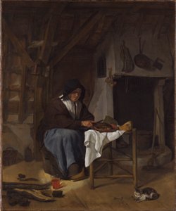 Mulher idosa a fazer as suas refeições num interior de Gabriel Metsu