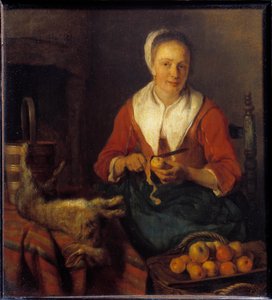 A casca da maçã. Uma mulher descasca maçãs para cozinhar com um coelho. Pintura de Gabriel Metsu (1629-1667) Ec. Hol.