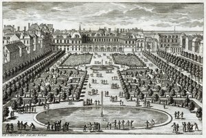 Vista do Parc du Palais Royal em Paris. Gravura de Perelle, final do século XVII.