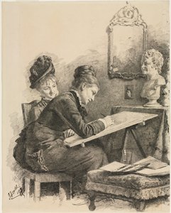 Two Women Sketching a Sculpture, 1878. de Gabriel von Hackl