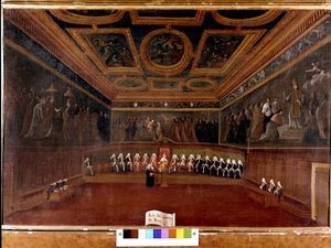 Conselho dos Dez no Palácio dos Doges no século XVIII - Sala Del Consilgio di Dieci 1725 - A Sala do Conselho dos Dez, Palácio dos Doges, Veneza (18) por Gabriele Bella (1730 - 1799) - O Doge e o Conselho dos Dez. Museu Correr. Veneza
