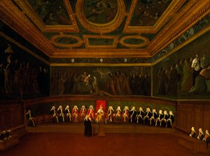 Salão do Conselho dos Dez em Veneza, por Gabriel Bella (1730-1799), óleo sobre tela, 94x147 cm, Itália de Gabriele Bella